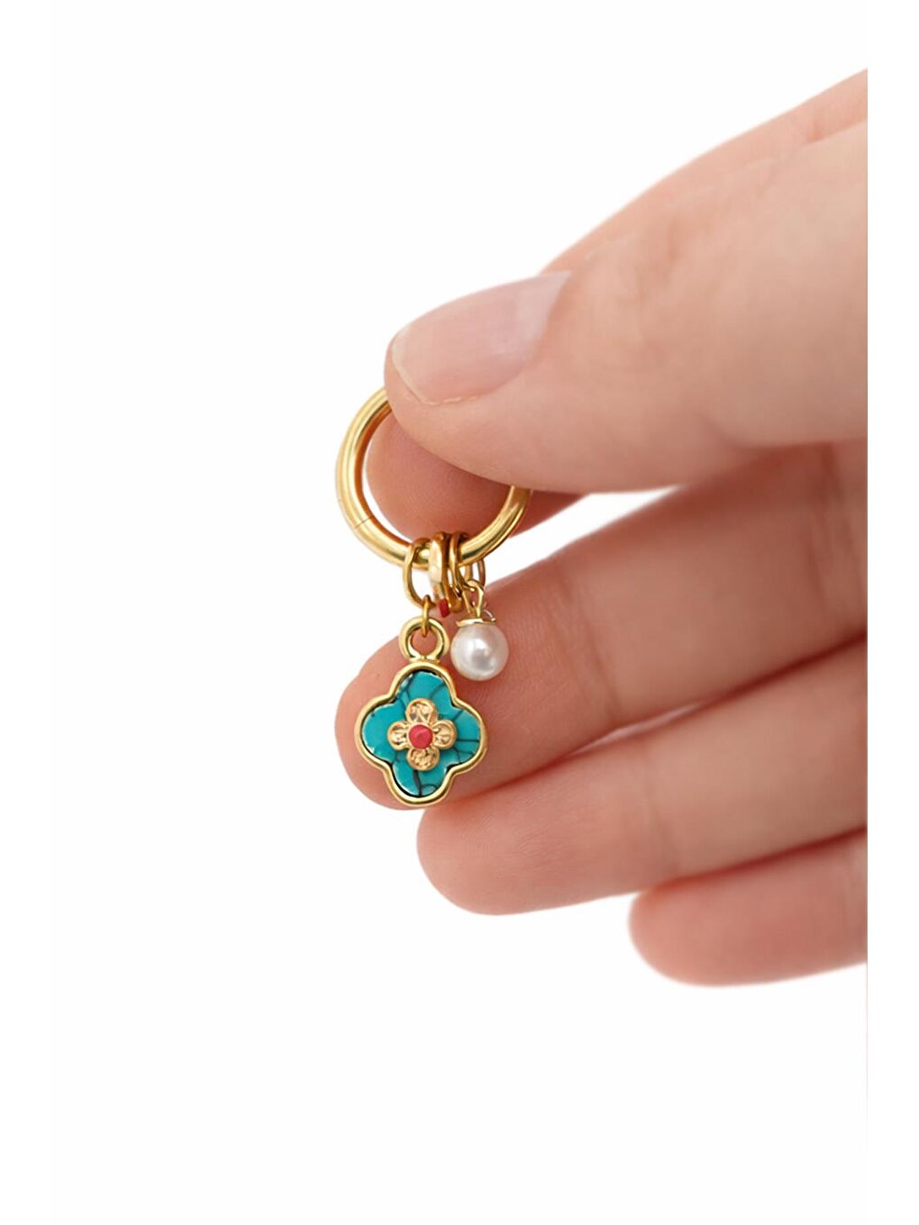 Sarı Mavi Çiçek Ve İnci Detaylı Sallantılı Halka Küpe-1