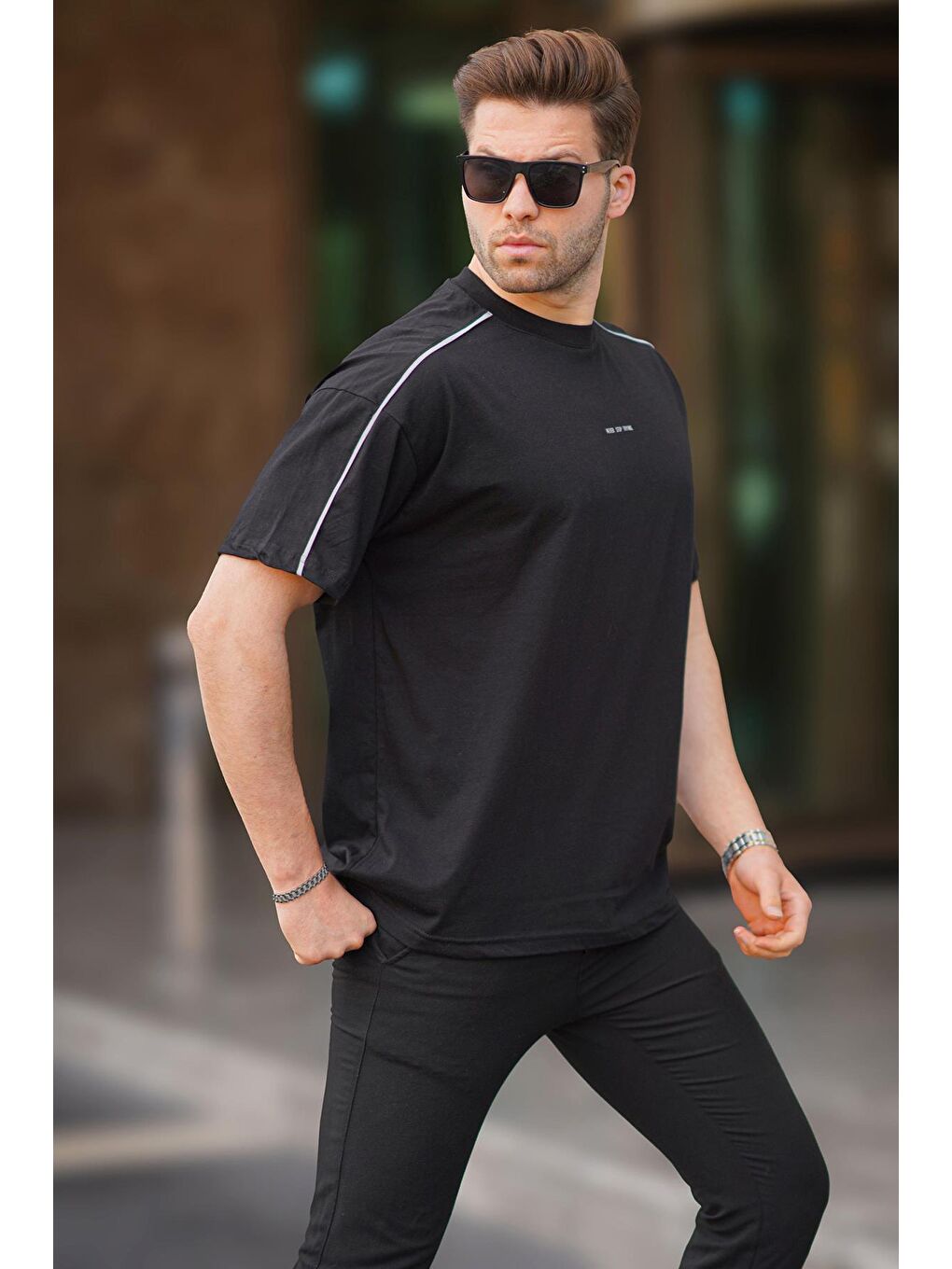 Siyah Oversize Bisiklet Yaka %100 Pamuk Tişört 7009-1