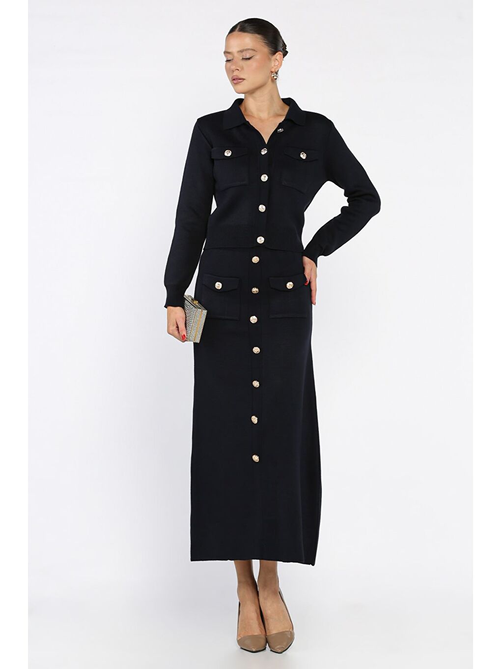 Lacivert Düğme Detaylı Hırka Etek Triko İkili Takım-1