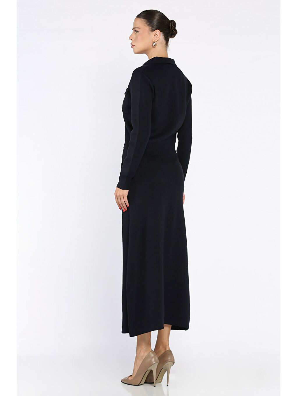 Lacivert Düğme Detaylı Hırka Etek Triko İkili Takım-2