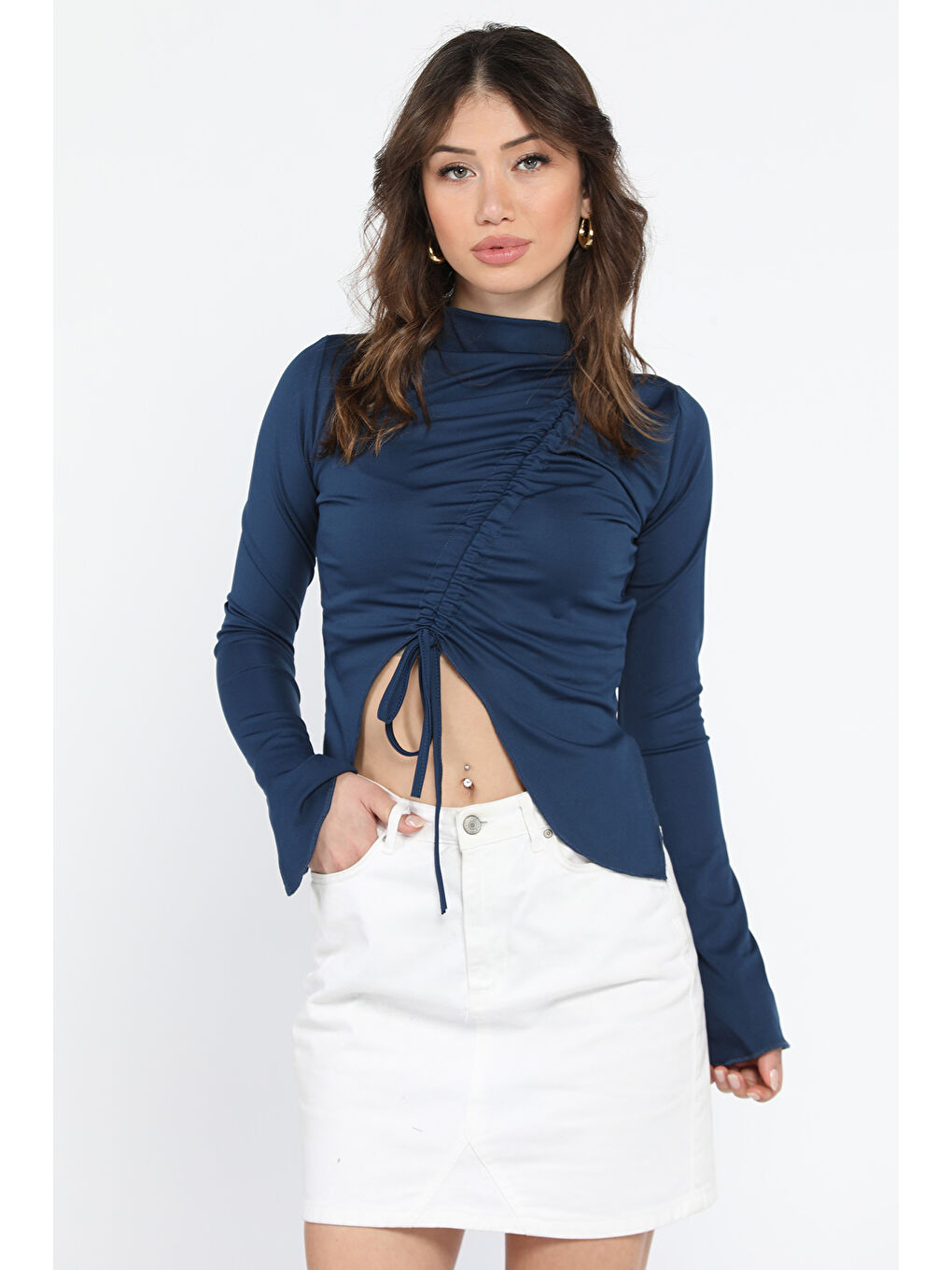 Lacivert Ön Büzgülü Kadın Bluz