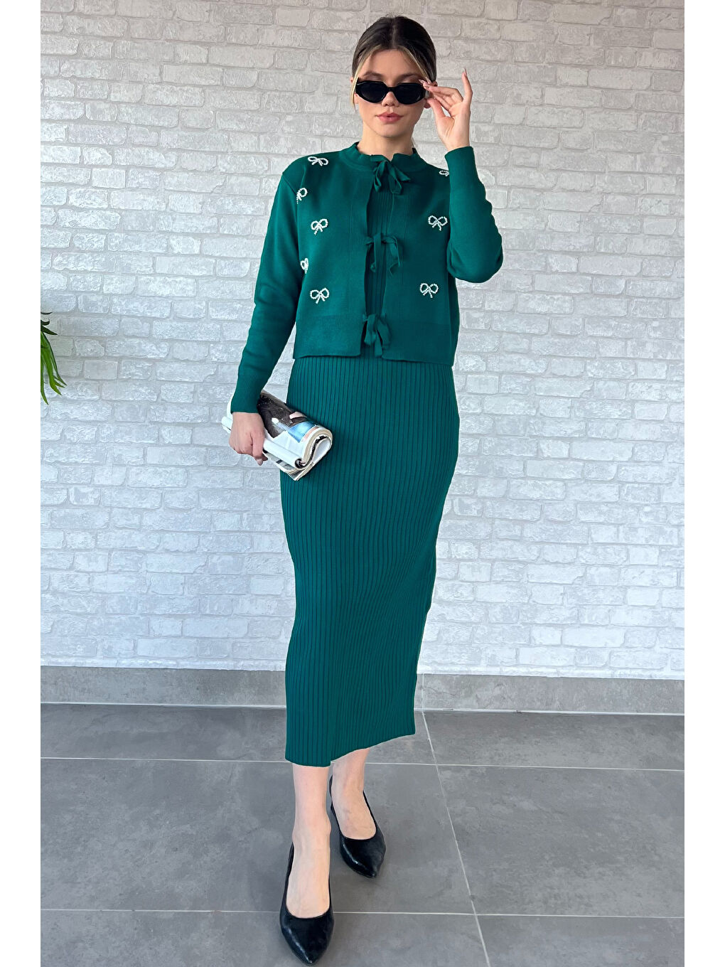 Yeşil Ön Bağlamalı İncili Ceket Elbise Triko İkili Takım