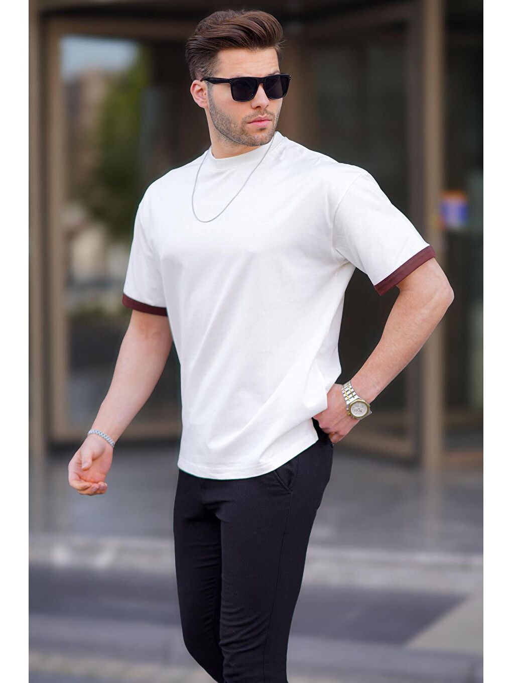 Beyaz Oversize Bisiklet Yaka %100 Pamuk Tişört 6184-1