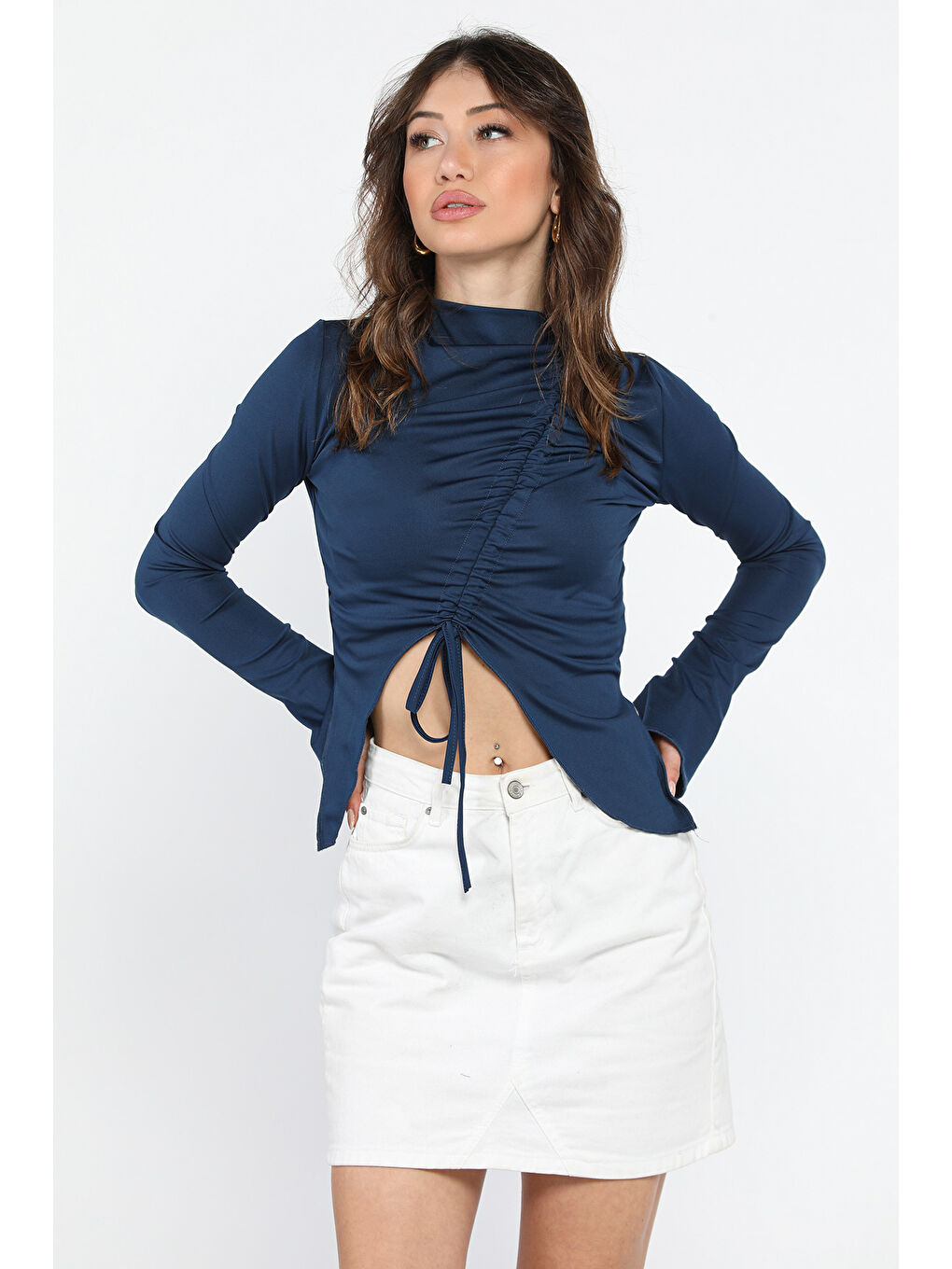 Lacivert Ön Büzgülü Kadın Bluz-1