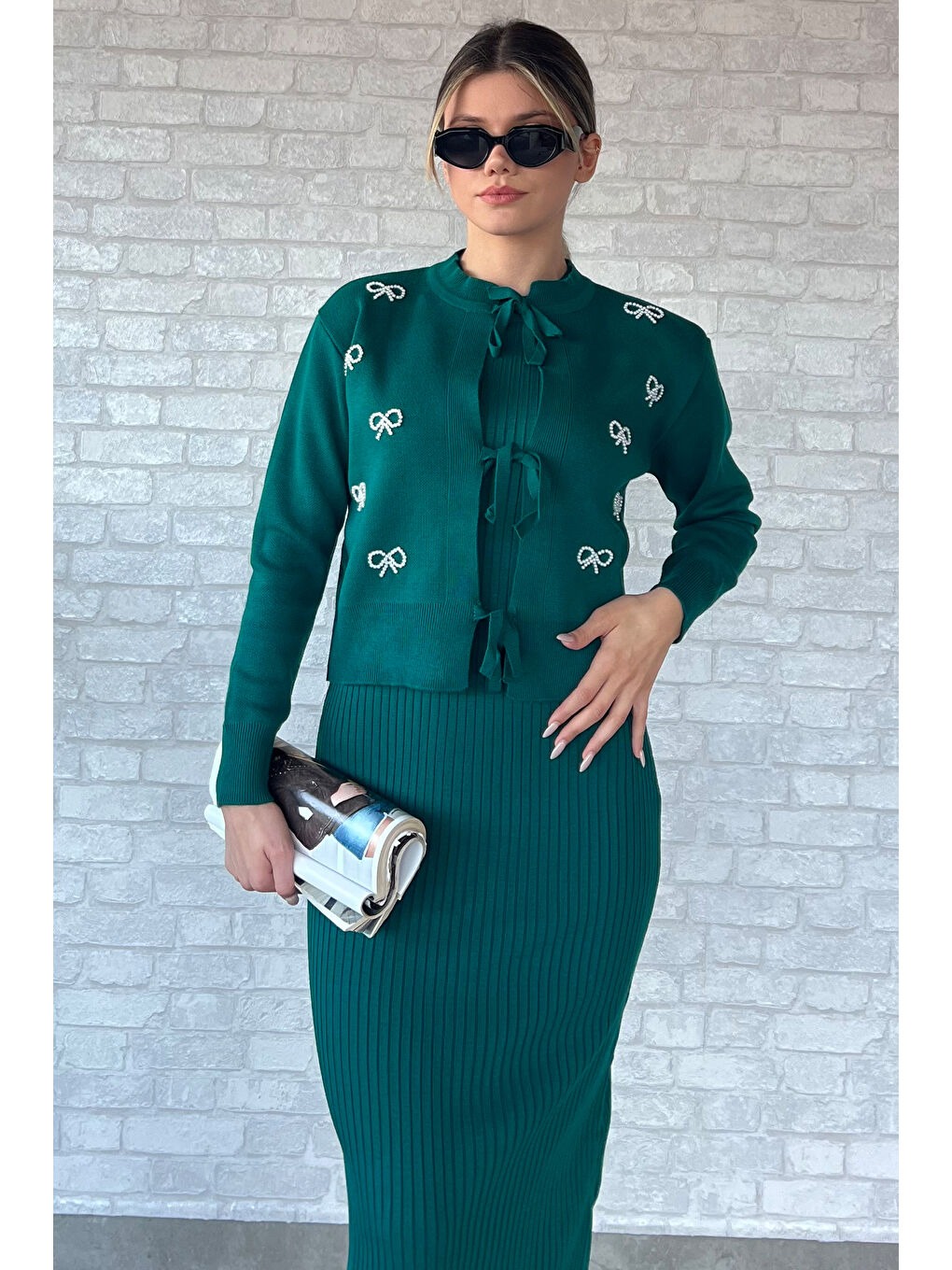 Yeşil Ön Bağlamalı İncili Ceket Elbise Triko İkili Takım-1