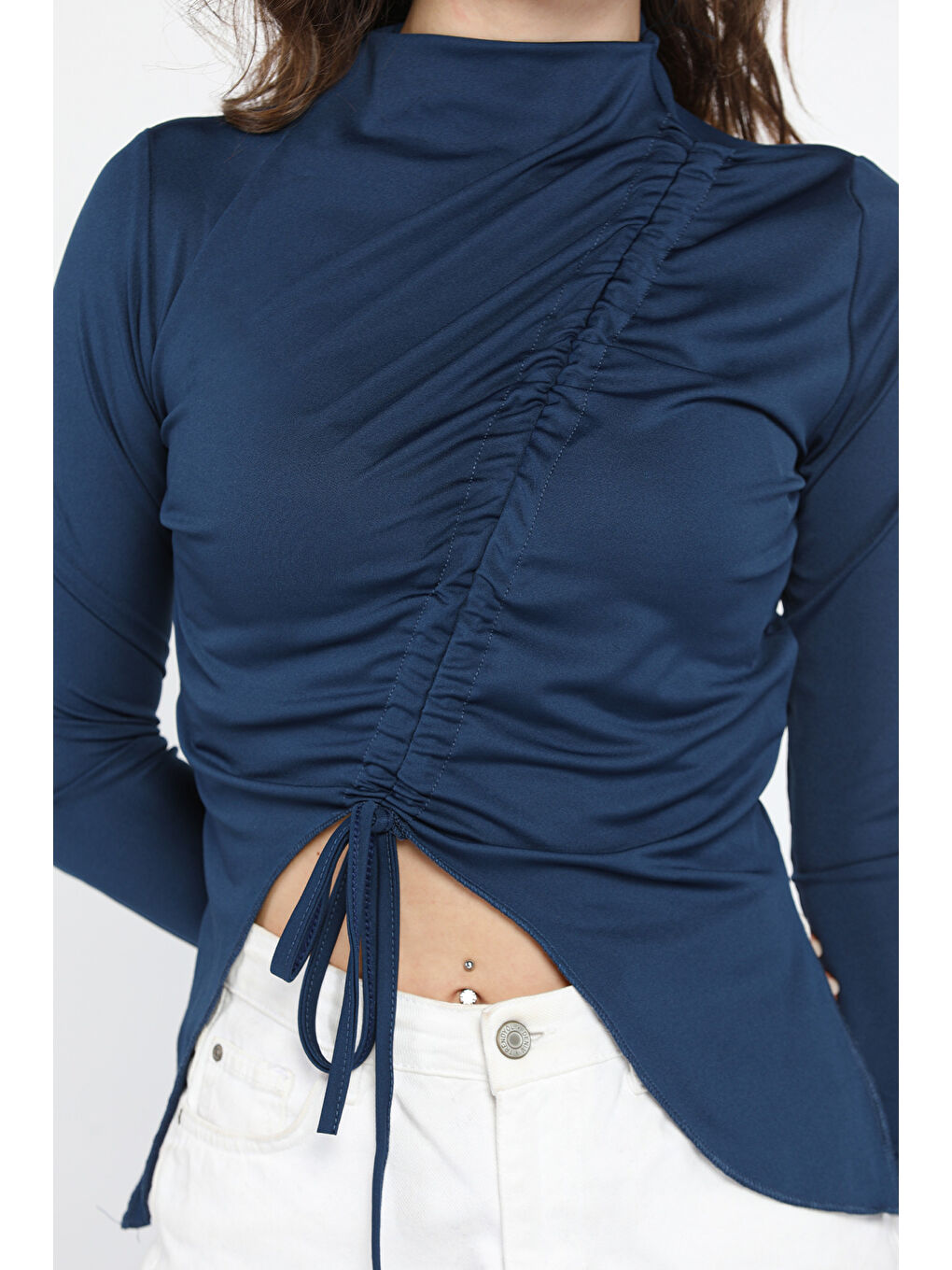 Lacivert Ön Büzgülü Kadın Bluz-3
