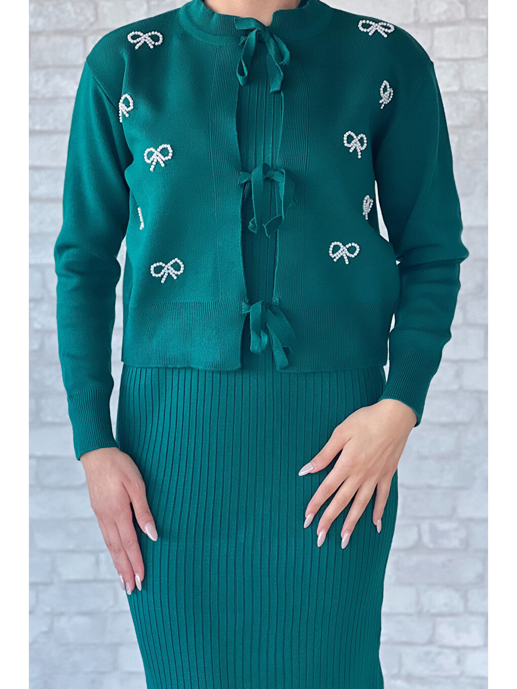 Yeşil Ön Bağlamalı İncili Ceket Elbise Triko İkili Takım-2