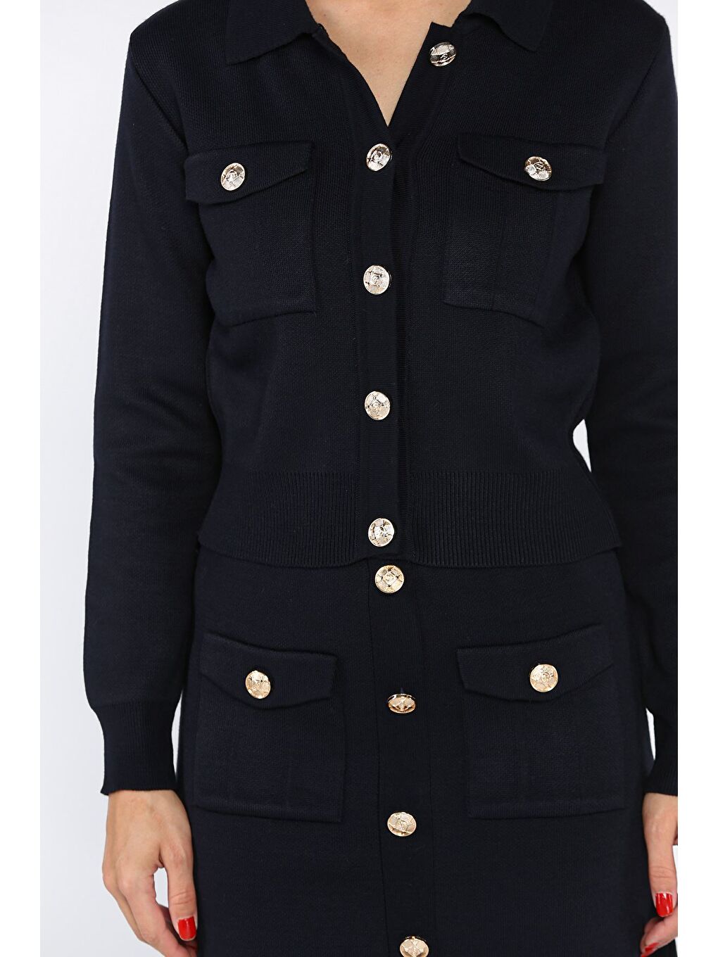 Lacivert Düğme Detaylı Hırka Etek Triko İkili Takım-4