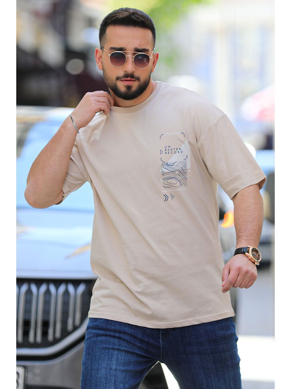 Bej Bisiklet Yaka Baskılı  Erkek Tişört