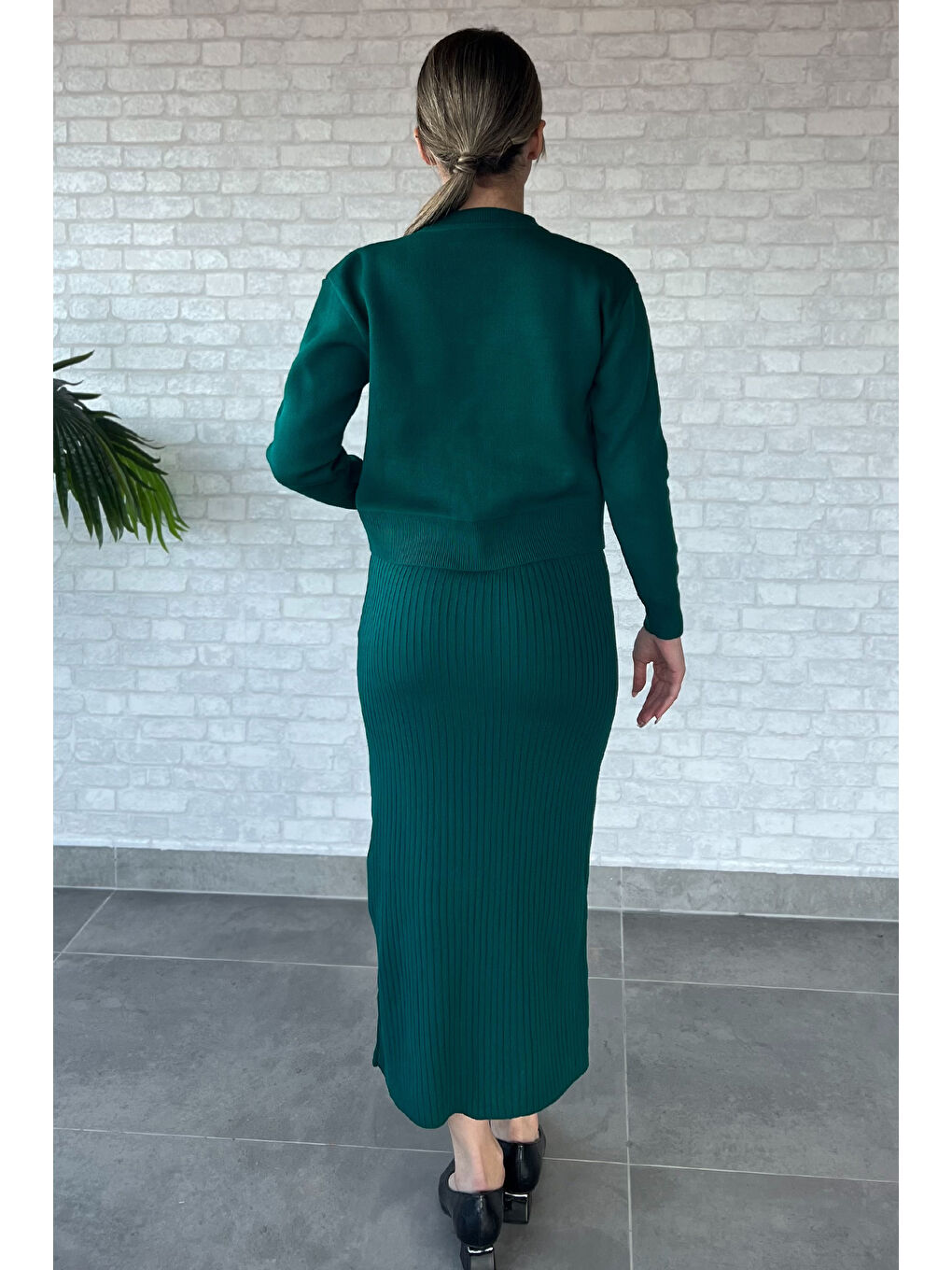 Yeşil Ön Bağlamalı İncili Ceket Elbise Triko İkili Takım-3