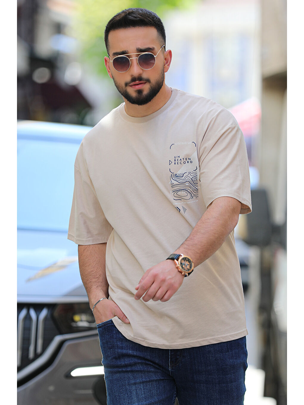 Bej Bisiklet Yaka Baskılı  Erkek Tişört-1