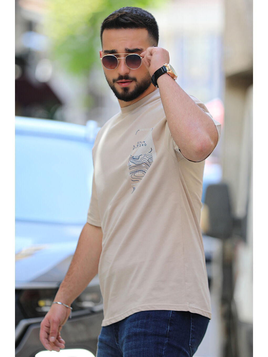 Bej Bisiklet Yaka Baskılı  Erkek Tişört-2