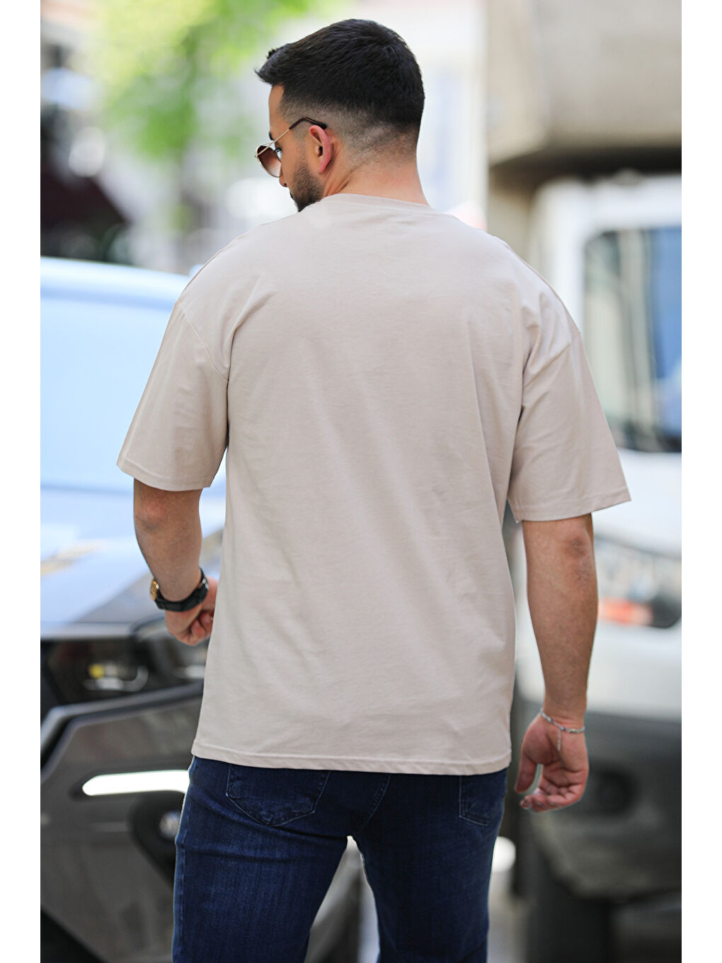 Bej Bisiklet Yaka Baskılı  Erkek Tişört-3