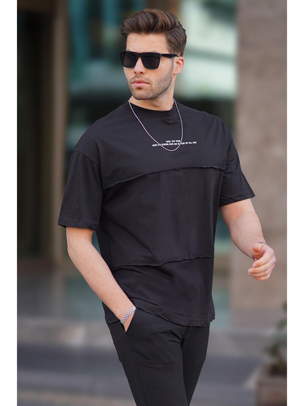 Siyah Oversize Baskılı Bisiklet Yaka %100 Pamuk Tişört 7017