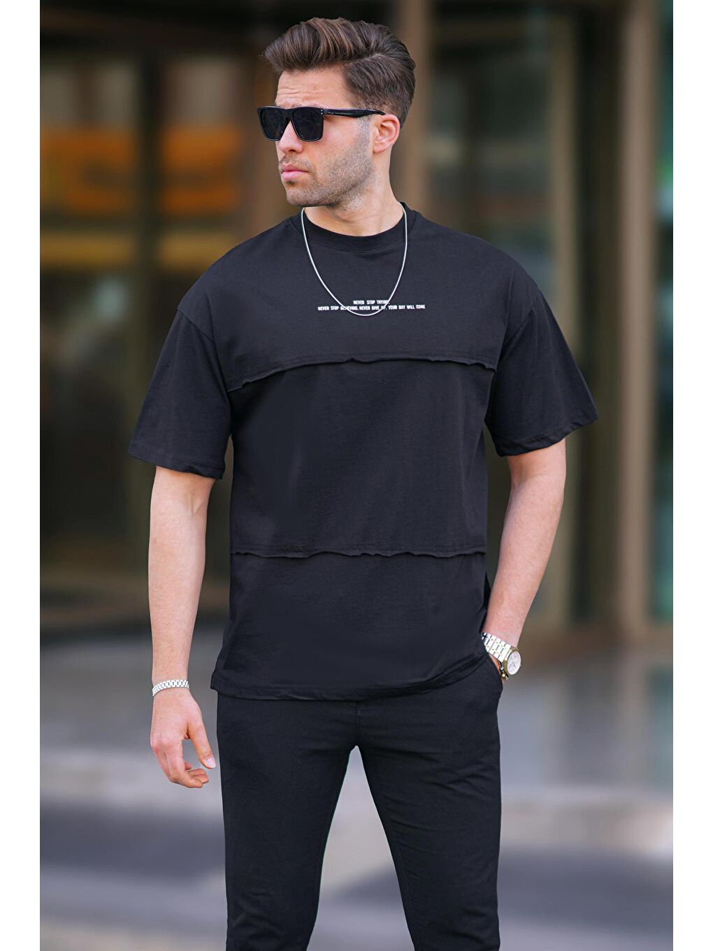 Siyah Oversize Baskılı Bisiklet Yaka %100 Pamuk Tişört 7017-1