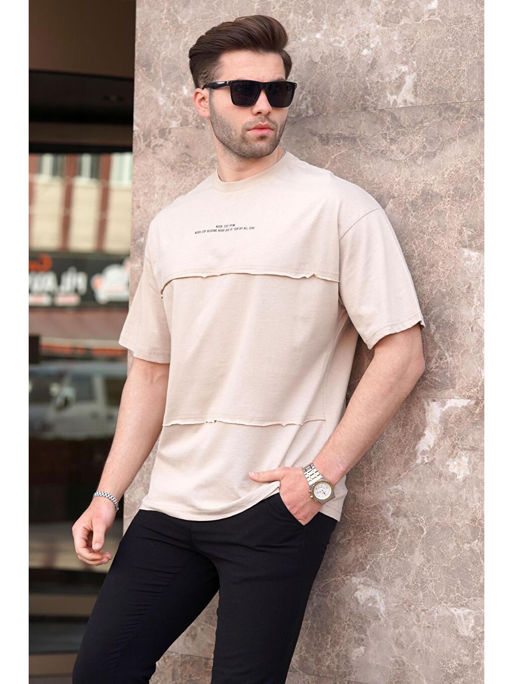 Bej Oversize Baskılı Bisiklet Yaka %100 Pamuk Tişört 7017