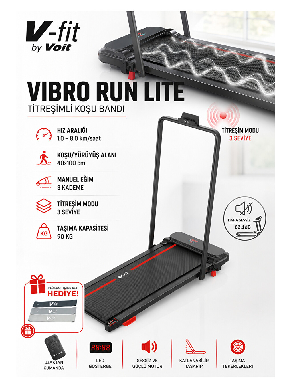 Siyah V-fit By Vibro Run Titreşimli Koşu Bandı Katlanabilir, 8 Km/s, Titreşim Modlu, Kumandalı-1