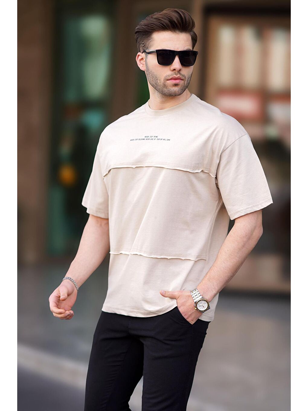 Bej Oversize Baskılı Bisiklet Yaka %100 Pamuk Tişört 7017-1