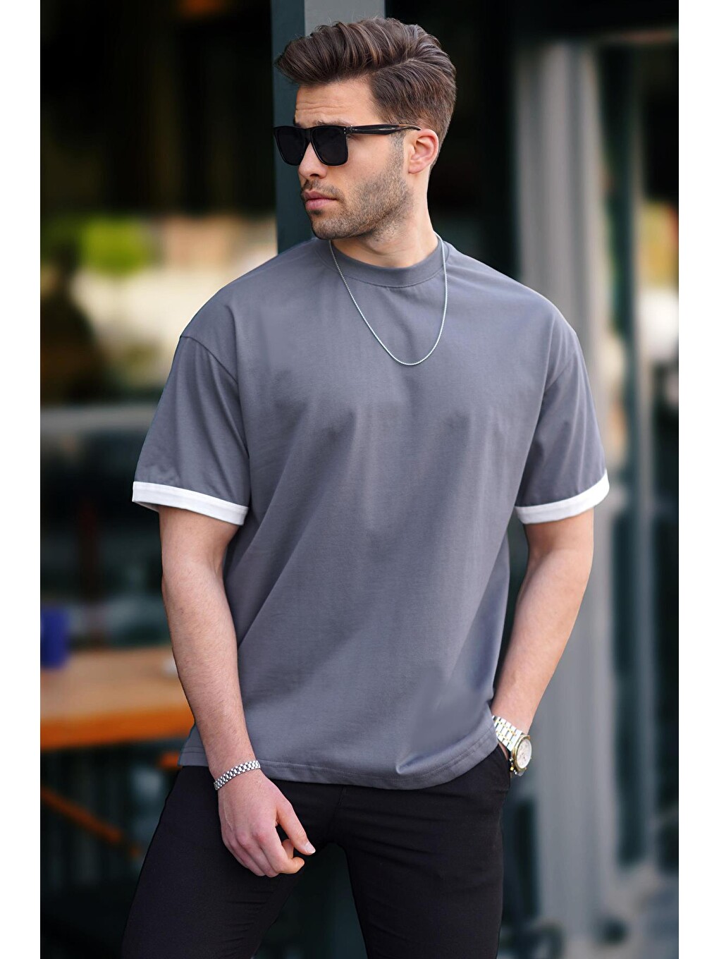 Gri Füme Oversize Bisiklet Yaka Tişört 6184