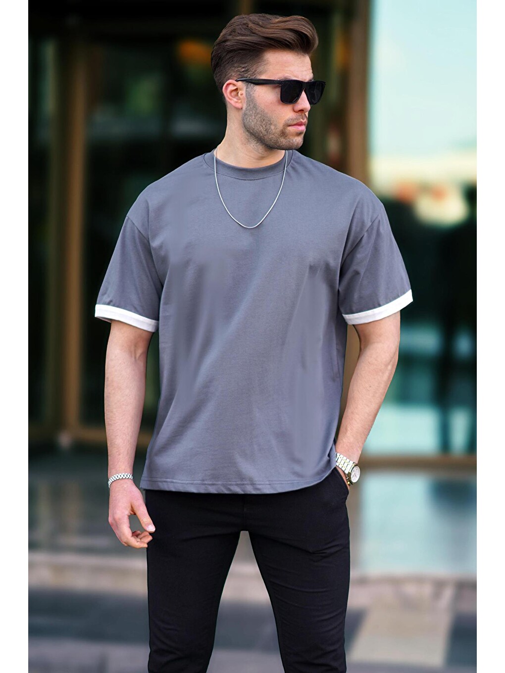 Gri Füme Oversize Bisiklet Yaka Tişört 6184-1