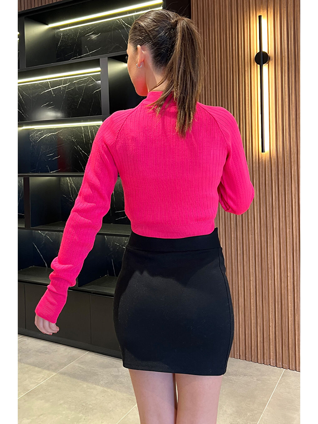 Fuşya Ön Nakışlı Crop Top Triko Bluz-3