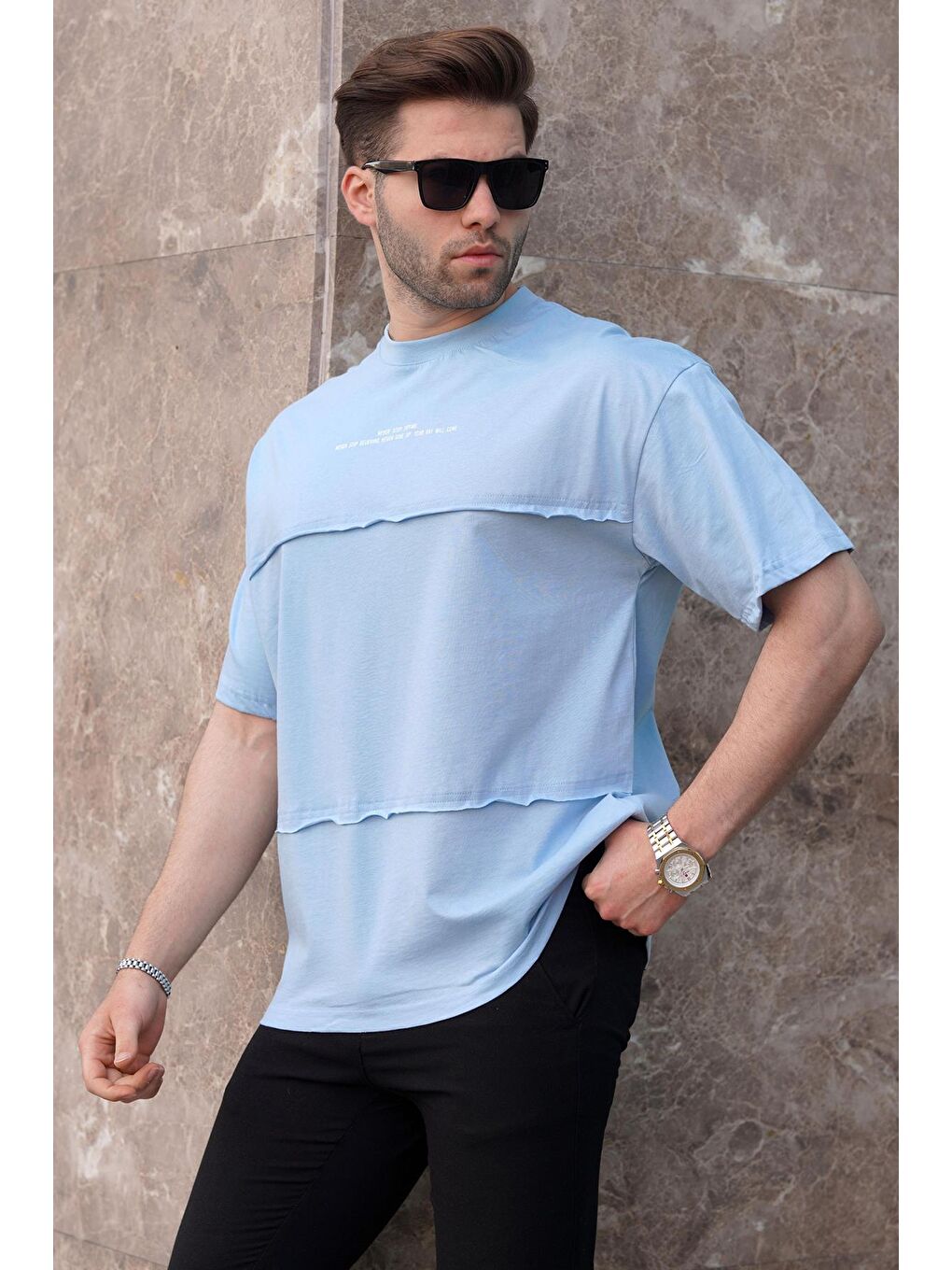 Mavi Oversize Baskılı Bisiklet Yaka %100 Pamuk Tişört 7017