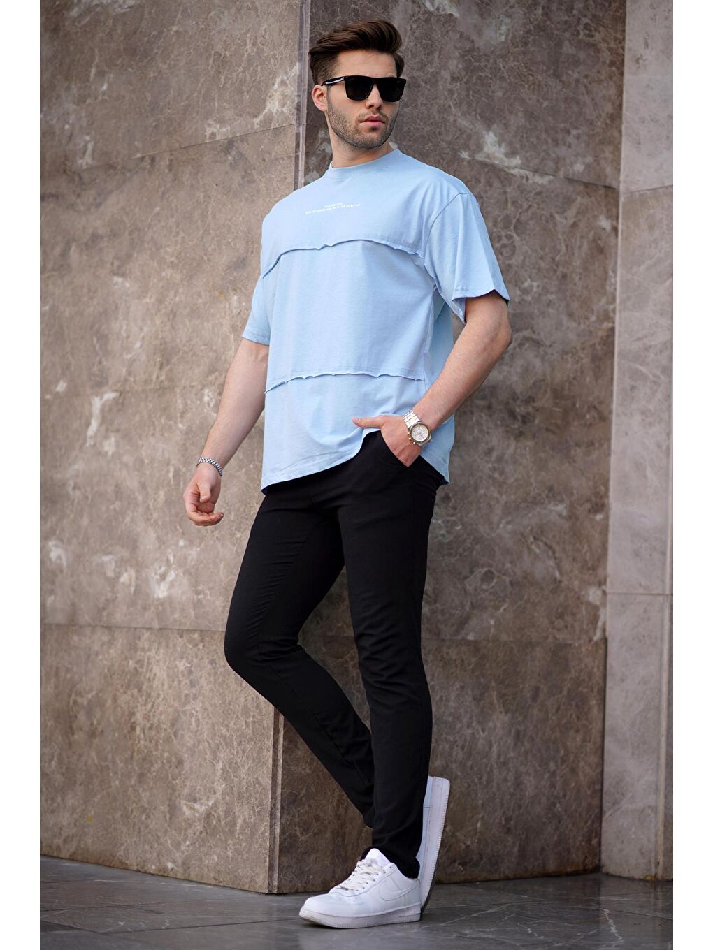 Mavi Oversize Baskılı Bisiklet Yaka %100 Pamuk Tişört 7017-1