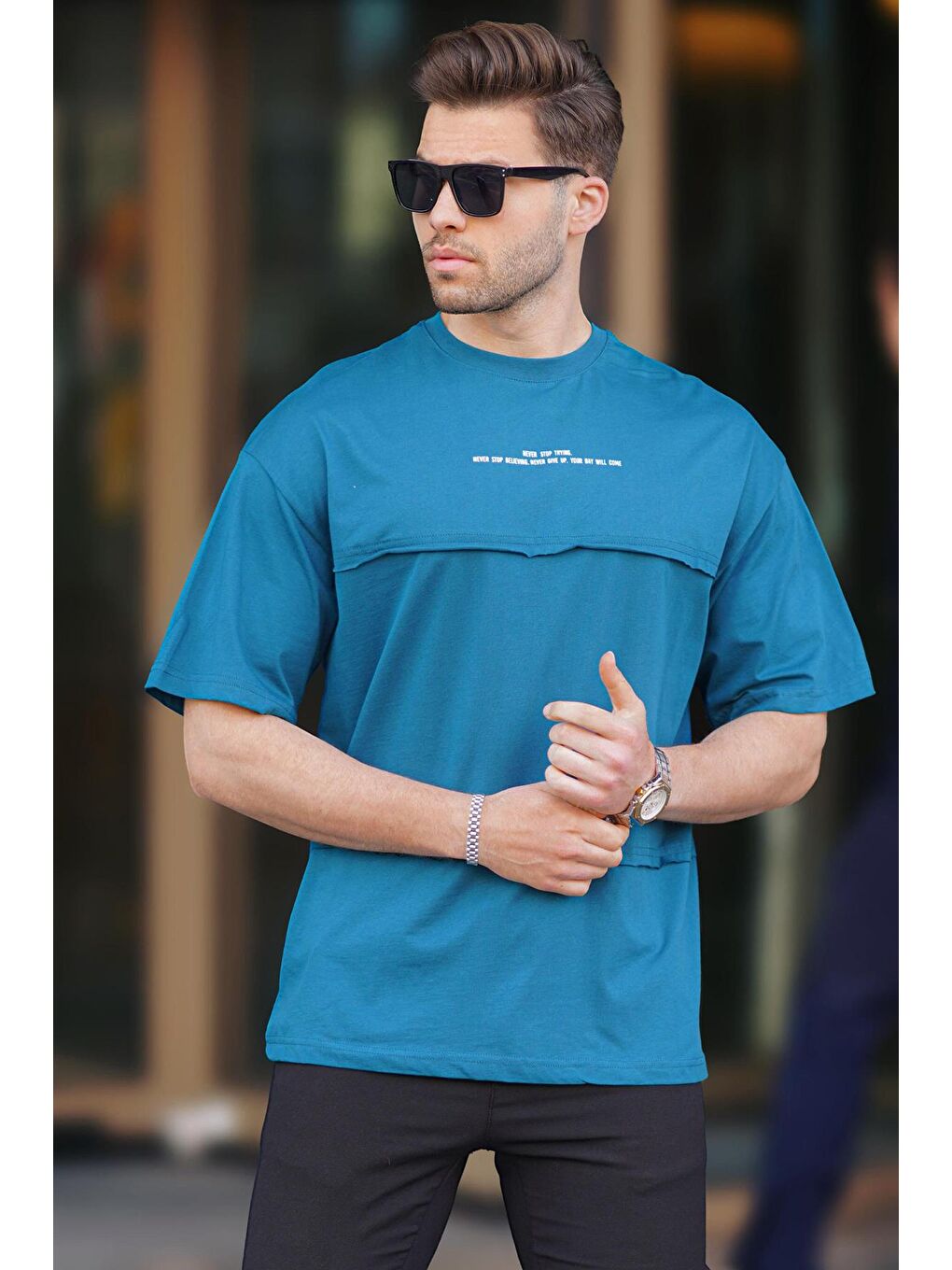 Petrol Mavisi Oversize Baskılı Bisiklet Yaka Tişört 7017-1