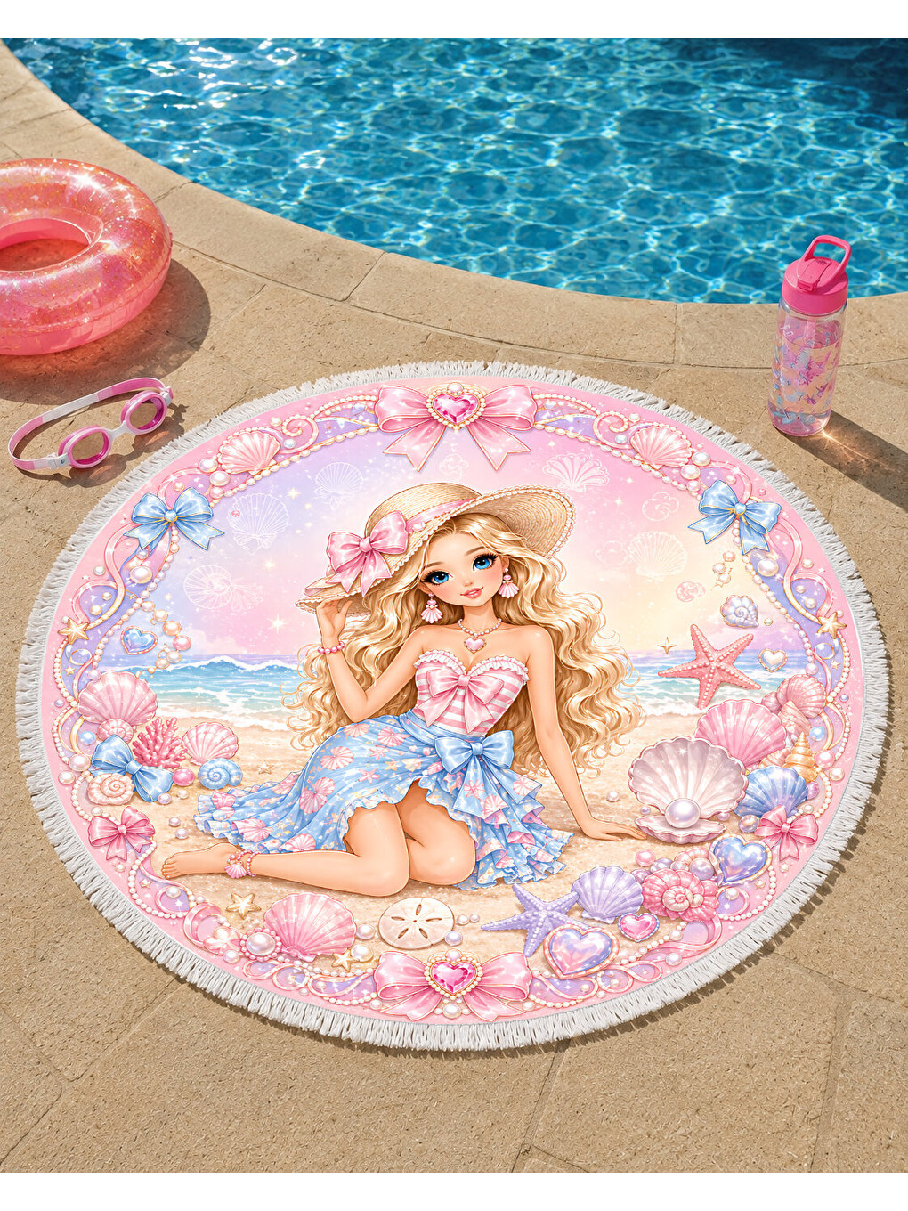 Karışık Deniz Kızı Prenses Kız Çocuk Yuvarlak Plaj Havlusu Pembe 150 CM-2