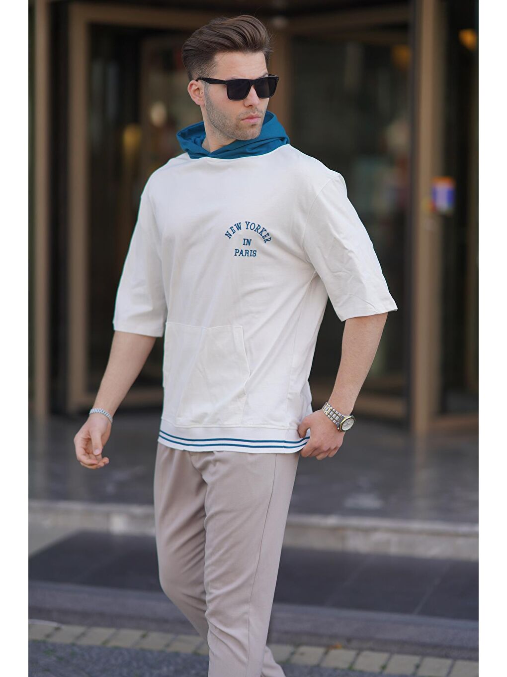 Ekru Kapüşonlu Erkek %100 Pamuk Tişört %100 Pamuk Tişört 6182