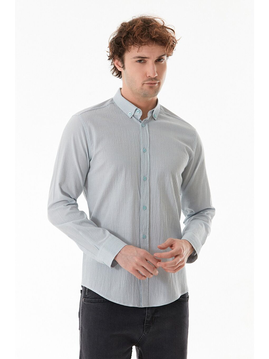 Turkuaz Krinkıl Kumaş Düğmeli Gömlek