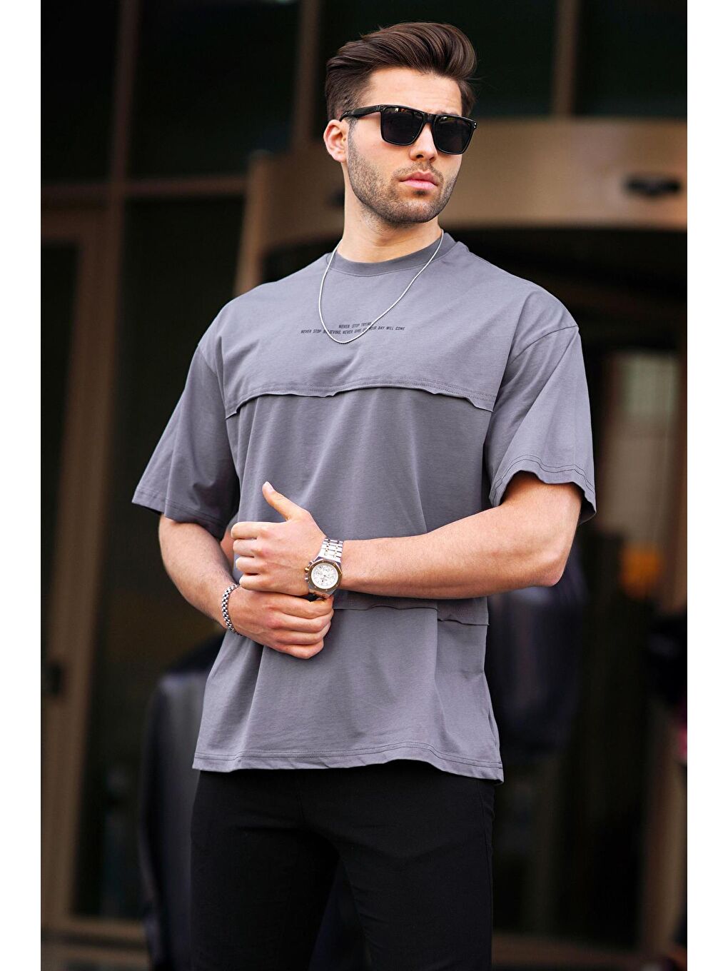 Gri Füme Oversize Baskılı Bisiklet Yaka Tişört 7017-1