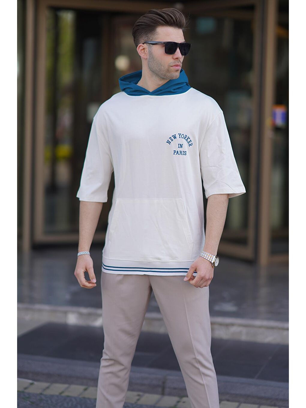 Ekru Kapüşonlu Erkek %100 Pamuk Tişört %100 Pamuk Tişört 6182-1