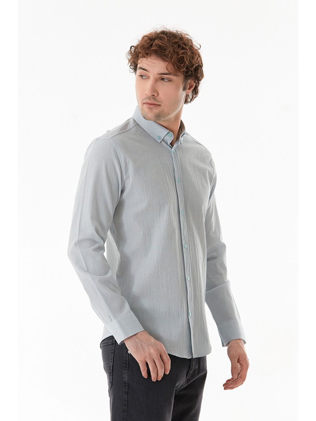 Turkuaz Krinkıl Kumaş Düğmeli Gömlek-2