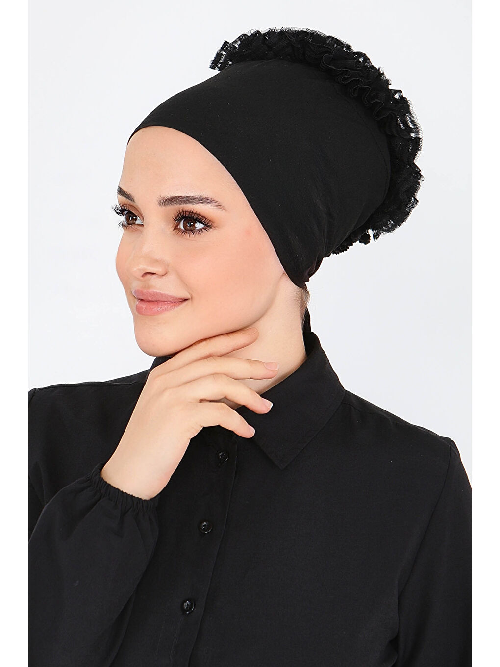 Silikonlu Esnek Penye Fırfırlı Bone Siyah - 27716-SIYAH-1