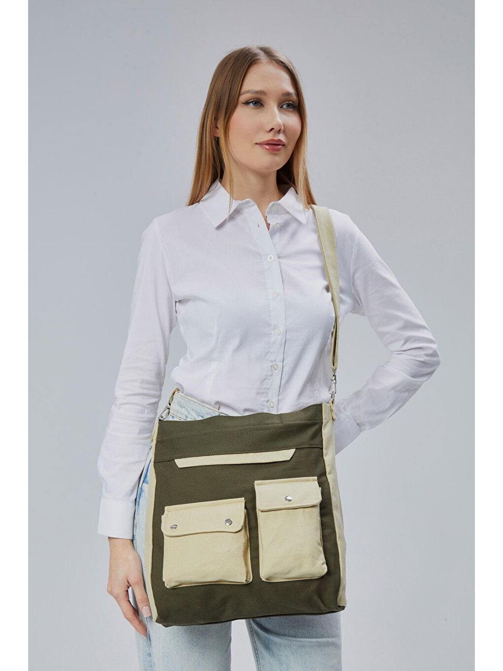 Kanvas Ön Cepleri Çıtlı Çanta (Koyu Yeşil - Bej)-2