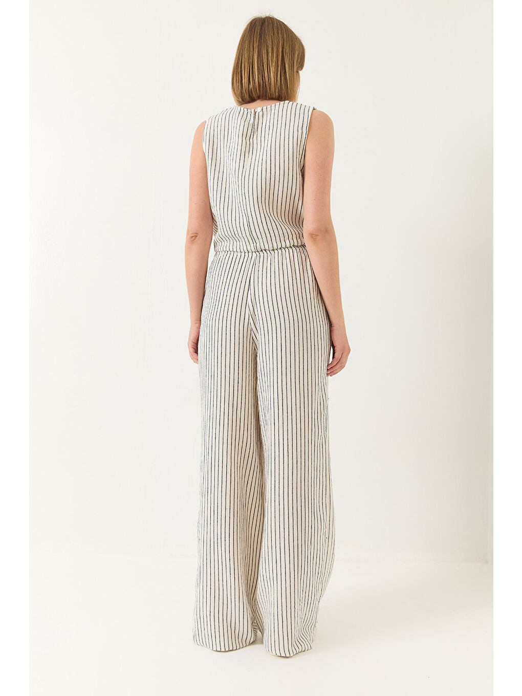 Ekru Kadın Bağlamalı Crop Yelekli Yüksek Bel Palazzo Pantolonlu Çizgili Müslin Takım-5