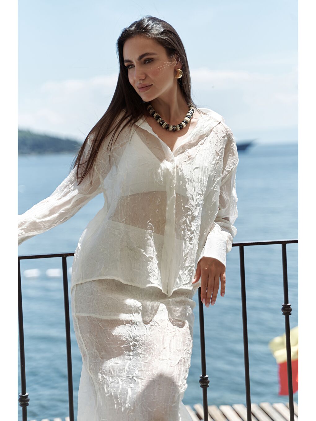 Sorcha Ekru Transparan Gömlek Etek Takım