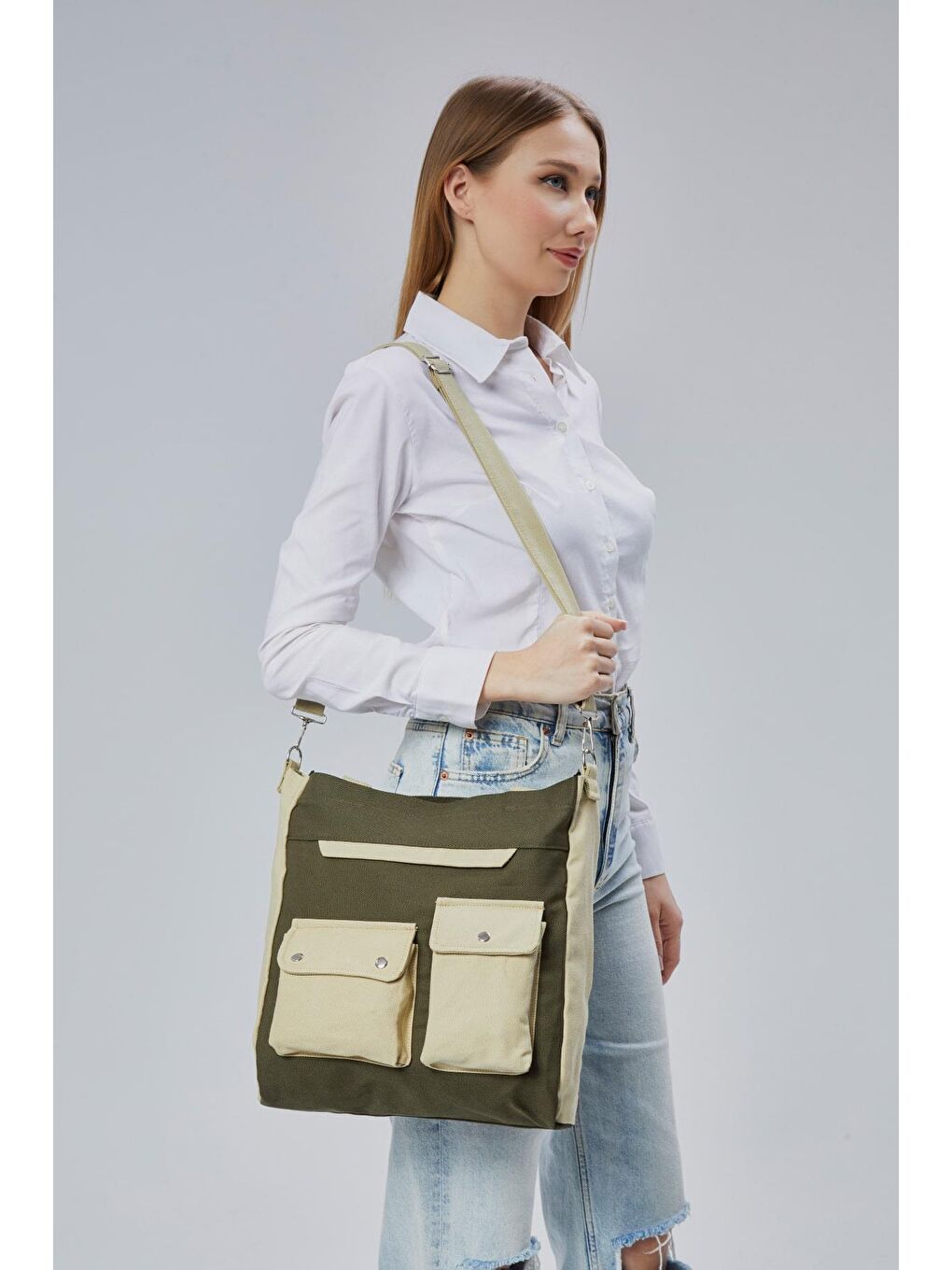 Kanvas Ön Cepleri Çıtlı Çanta (Koyu Yeşil - Bej)-3