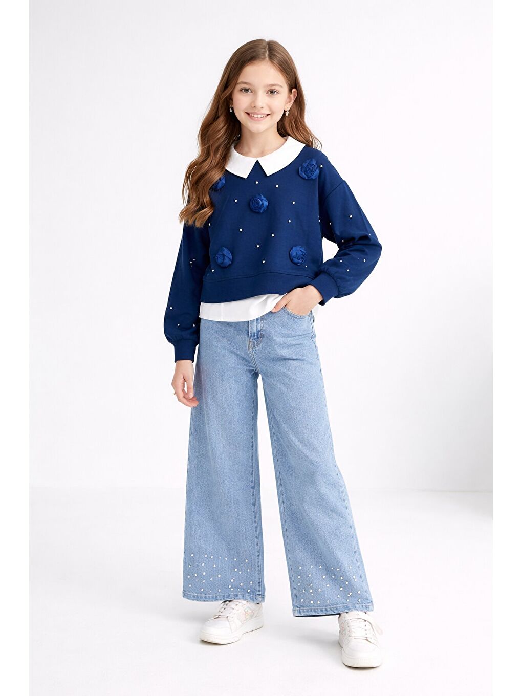 Lacivert İnci İşlemeli Badili ve Jean Pantolonlu Kız Çocuk Gömlekli Takım 23600