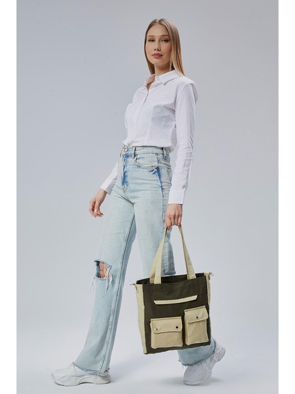 Kanvas Ön Cepleri Çıtlı Çanta (Koyu Yeşil - Bej)-6