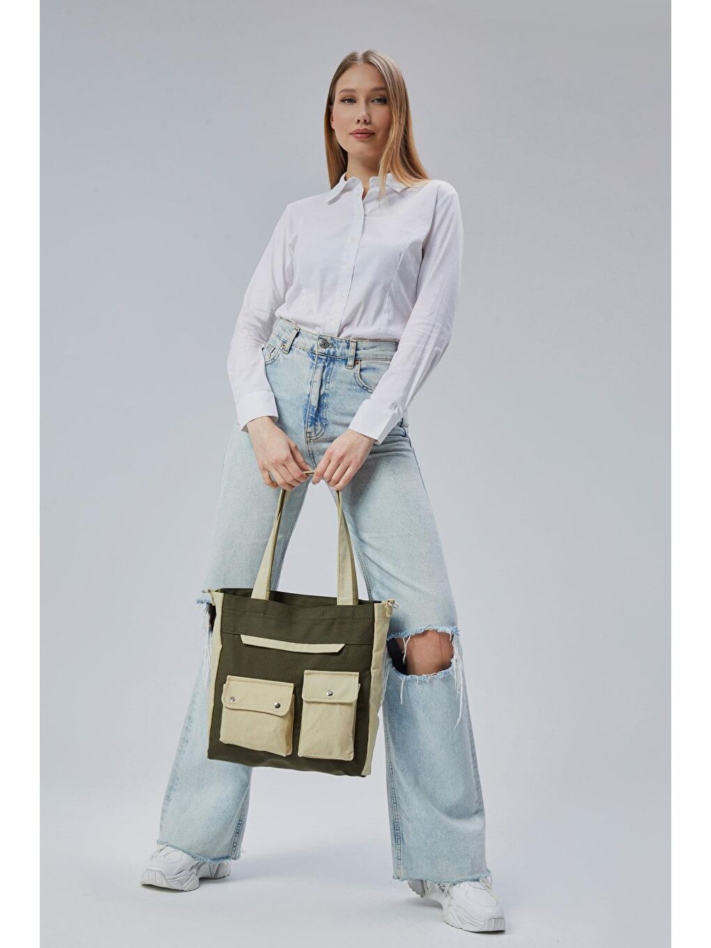 Kanvas Ön Cepleri Çıtlı Çanta (Koyu Yeşil - Bej)-5