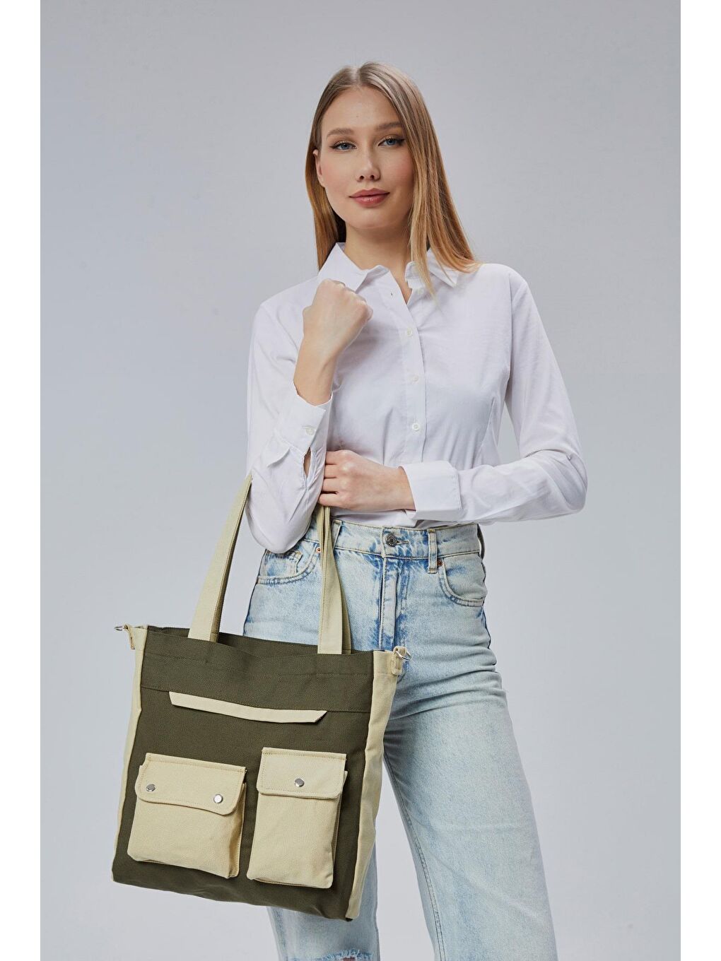 Kanvas Ön Cepleri Çıtlı Çanta (Koyu Yeşil - Bej)-4
