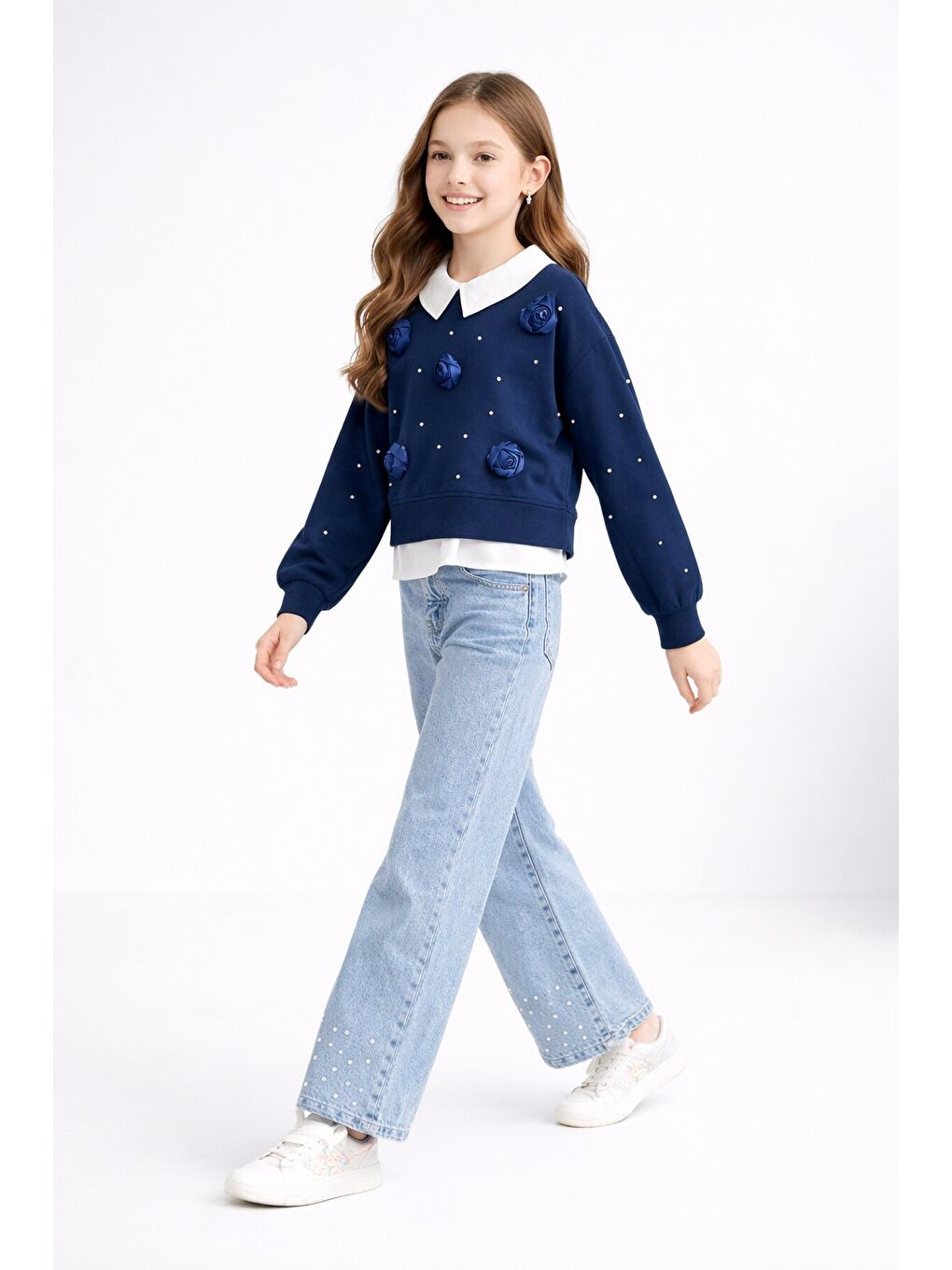 Lacivert İnci İşlemeli Badili ve Jean Pantolonlu Kız Çocuk Gömlekli Takım 23600-2