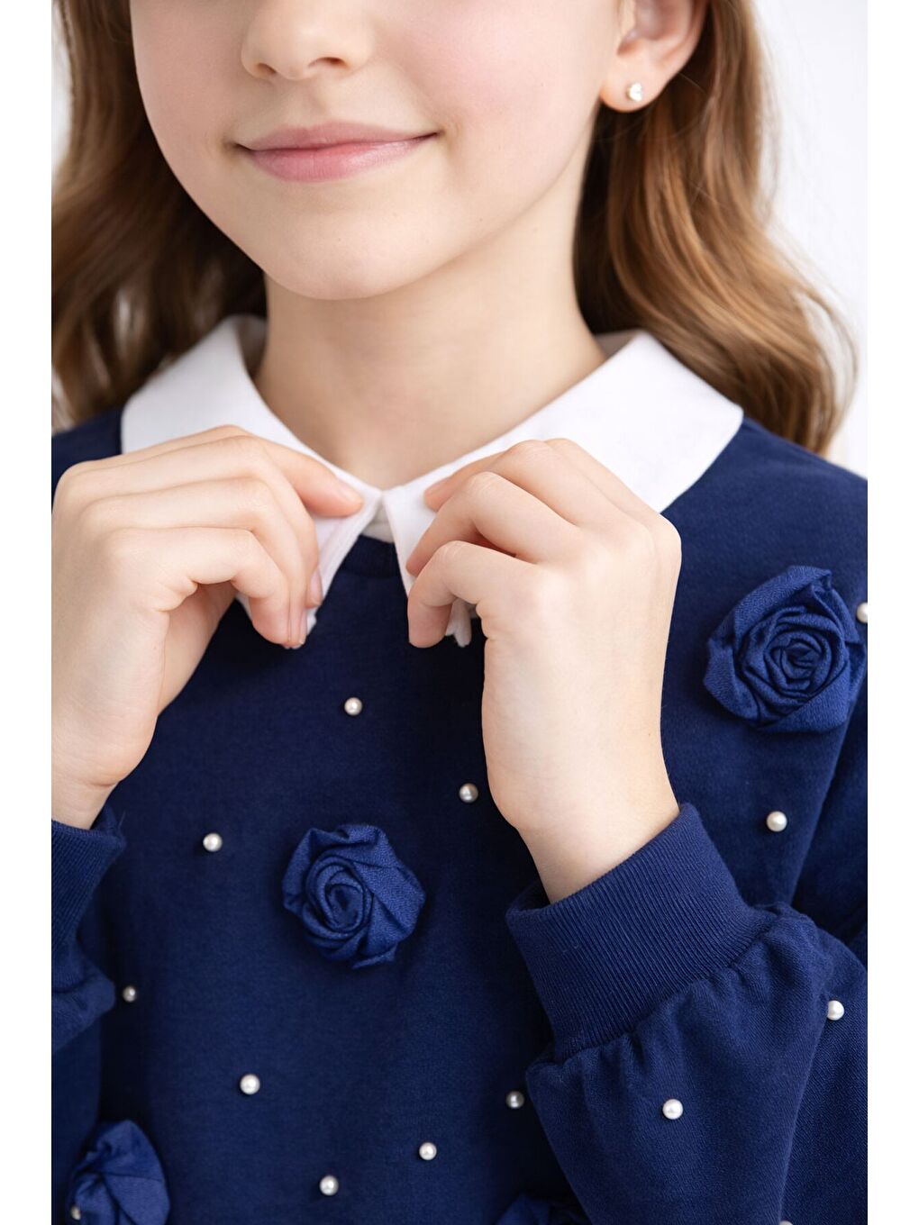 Lacivert İnci İşlemeli Badili ve Jean Pantolonlu Kız Çocuk Gömlekli Takım 23600-3