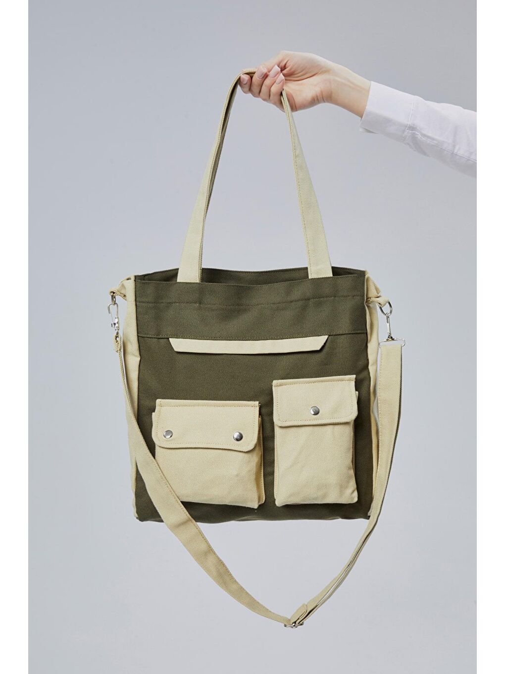 Kanvas Ön Cepleri Çıtlı Çanta (Koyu Yeşil - Bej)-1