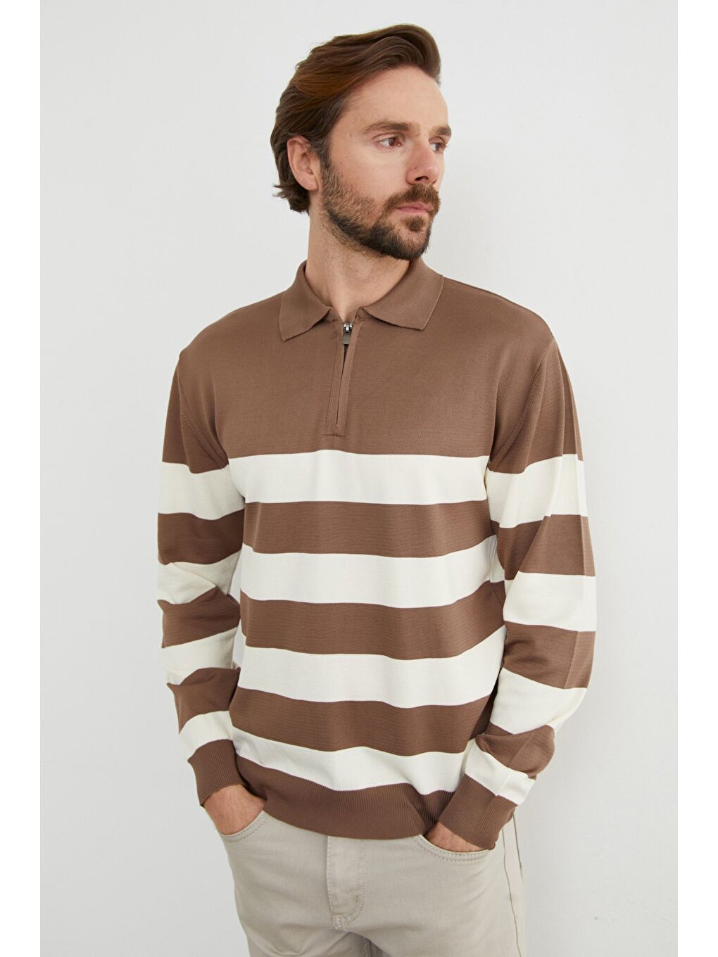 Kahverengi Çizgili Yarım Fermuarlı Polo Yaka Triko Kazak-3
