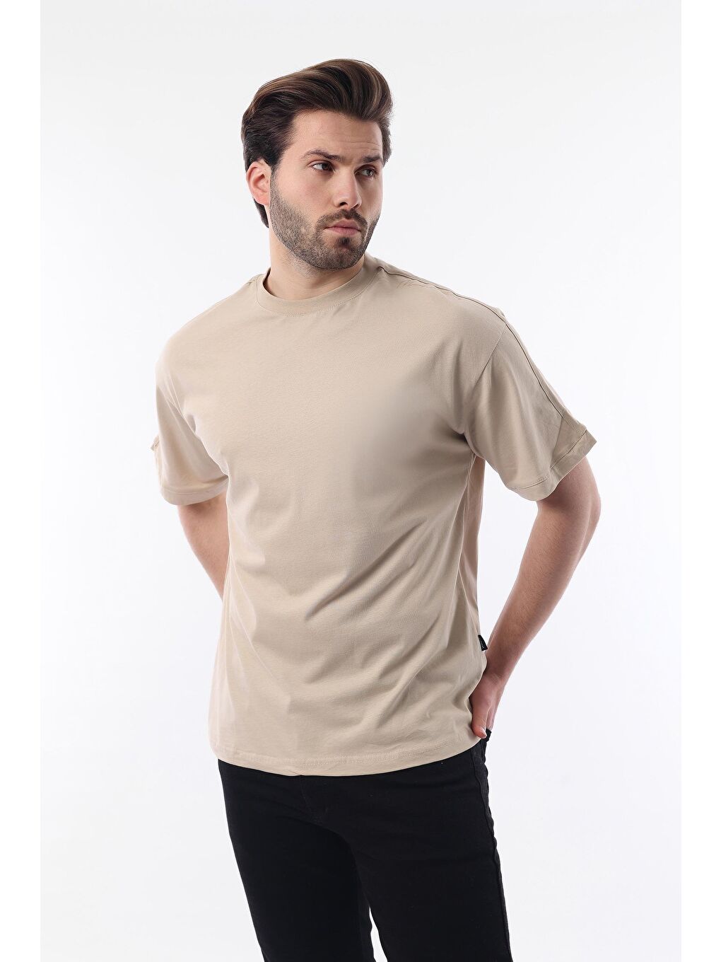 Bej Erkek Vizon Oversize Şerit Detaylı Basic %100 Pamuk Tişört 7023-1