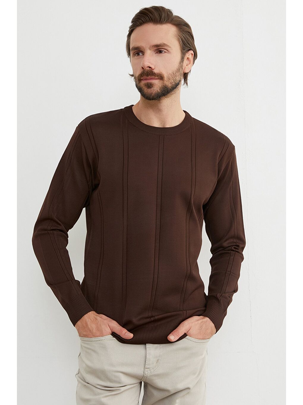 Kahverengi Şeritli Bisiklet Yaka Triko Kazak