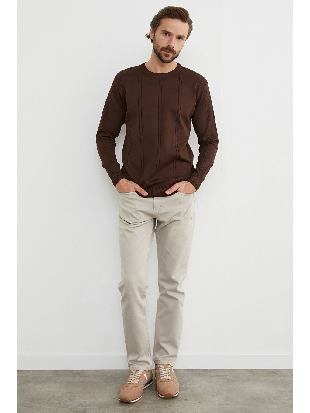 Kahverengi Şeritli Bisiklet Yaka Triko Kazak-1